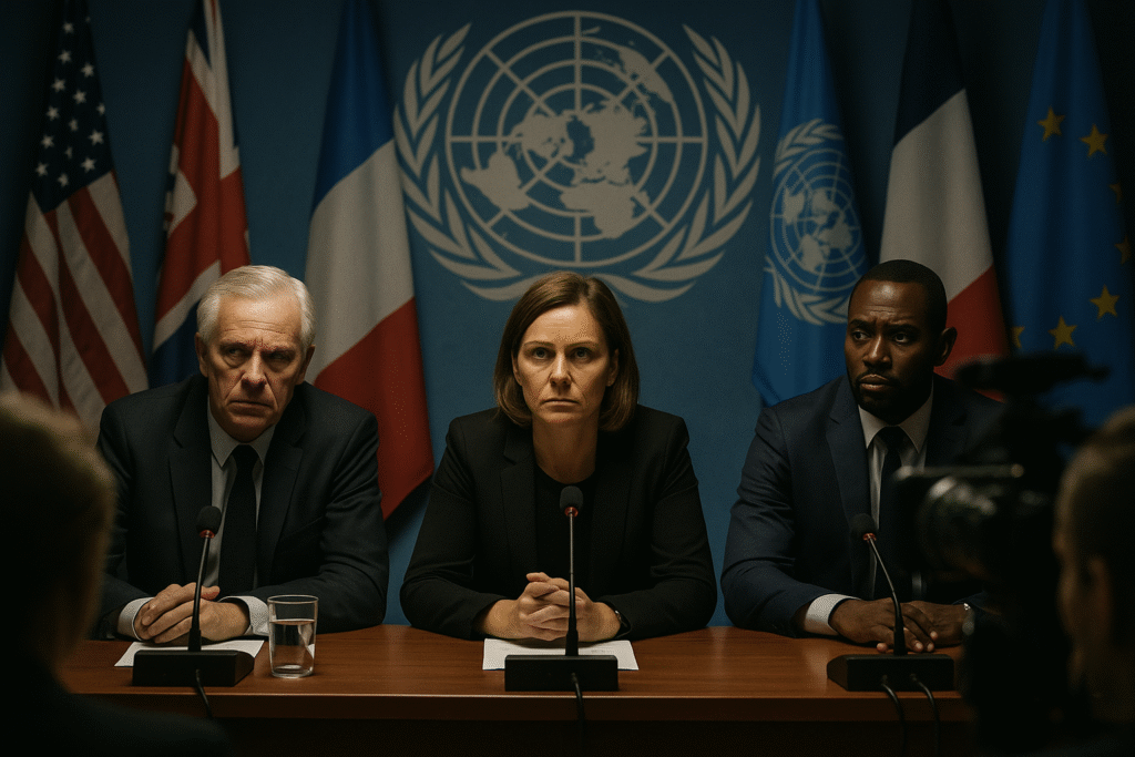 UN condemns Trump during press conference with international diplomats and flags