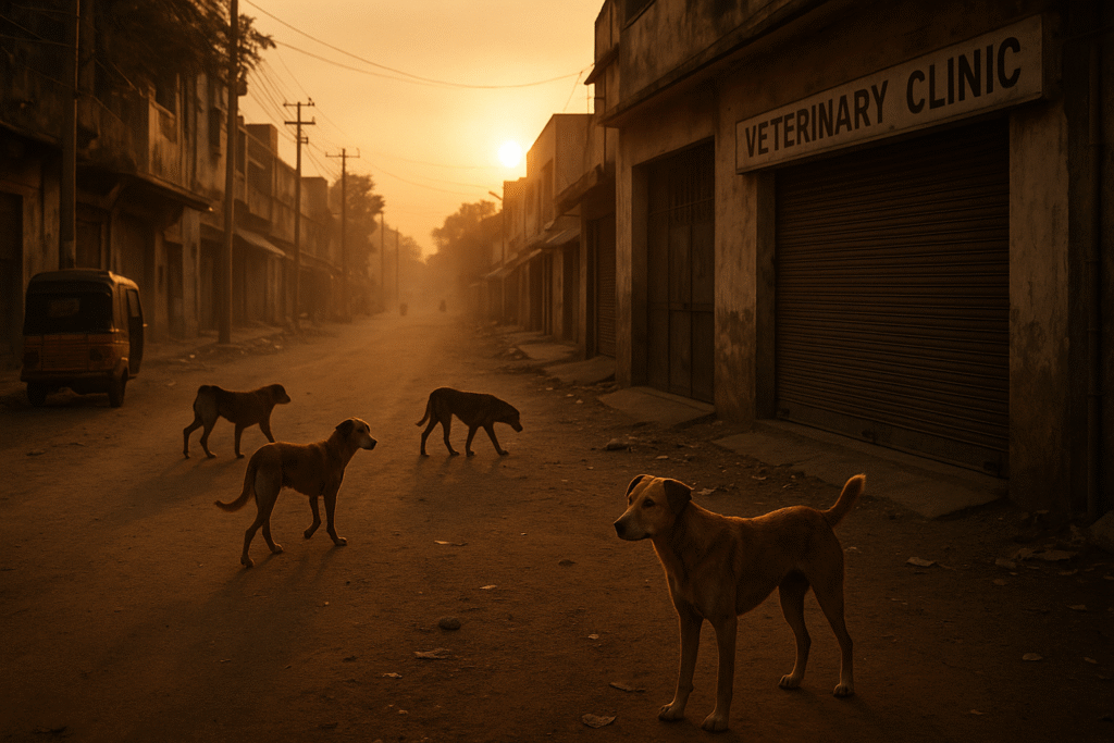 Stray dogs issue in India near garbage bin